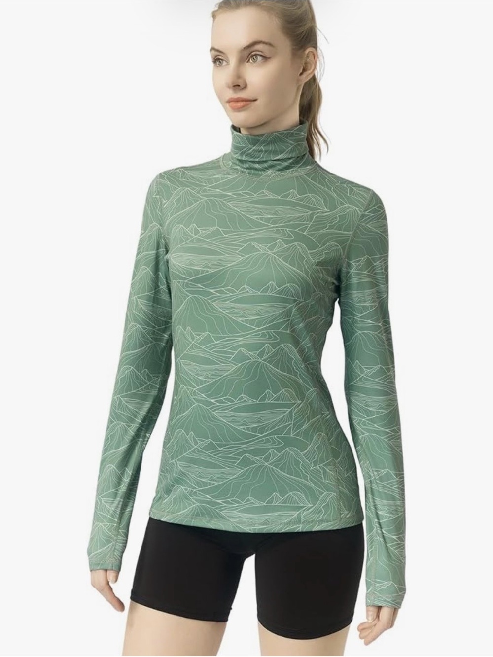 Women's Green Long-Sleeve Turtleneck Tee
